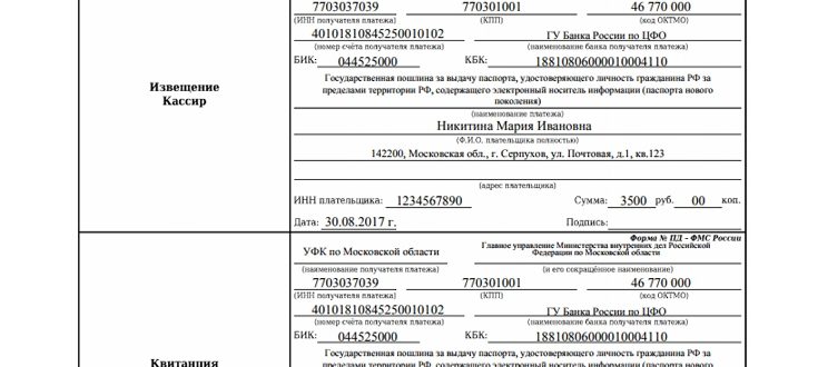 Образец квитанции на оплату госпошлины за получение загранпаспорта